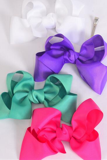 Hair Bow Jumbo Multi Grosgrain Bow-tie / 12 pcs Bow = Dozen   Alligator Clip , Size - 6" x 5" Wide , 3 White , 3 Fuchsia , 3 Purple , Caribbean Green Color Asst , Clip Strip and UPC Code