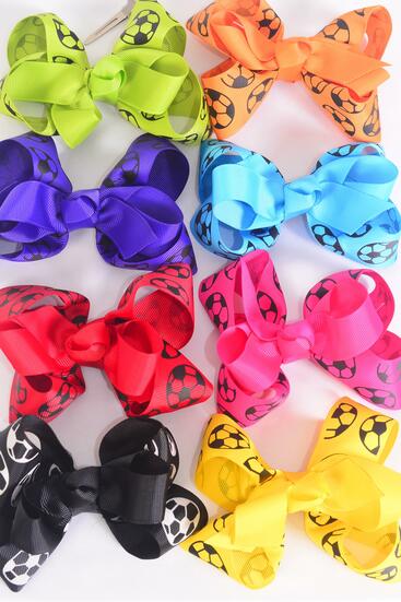 Hair Bow Jumbo Double Layered Scoccer Sport Grograin Bowtie Multi / 12 pcs Bow = Dozen Alligator Clip , Size - 6" x 5" , 2 White , 2 Bk , 2 Fuchsia , 1 Yellow , 1 Red , 1 Blue , 1 Purple , 1 Lime , 1 Orange Mix , Clip Strip & UPC Code
