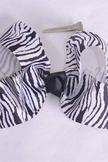 Hair Bow Jumbo Zebra Pattern Grosgrain Bow-tie / 12 pcs Bow = Dozen Zebra , Alligator Clip , Size - 6" x 5" Wide , Clip Strip & UPC Code