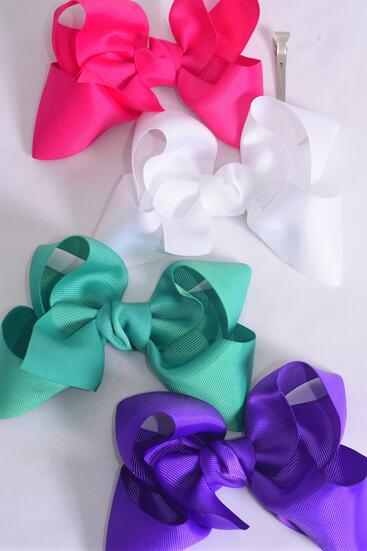 Hair Bow Jumbo Multi Grosgrain Bow-tie / 12 pcs Bow = Dozen   Alligator Clip , Size - 6" x 5" Wide , 3 White , 3 Fuchsia , 3 Purple , Caribbean Green Color Asst , Clip Strip and UPC Code