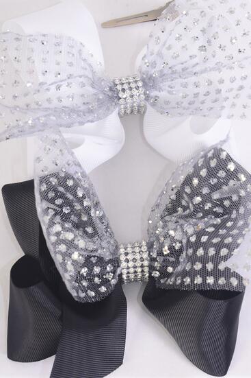 Hair Bow Jumbo Double Layered Mesh Silver Glitter Grosgrain Bow-tie Black White Color Mix / 12 pcs Bow = Dozen  Alligator Clip , Size - 6" x 5" Wide , 6 Black , 6 White Color Asst , Clip Strip & UPC Code
