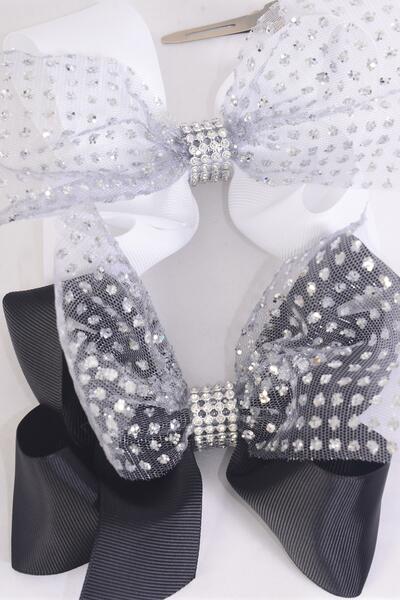 Hair Bow Jumbo Double Layered Mesh Silver Glitter Grosgrain Bow-tie Black White Color Mix / 12 pcs Bow = Dozen  Alligator Clip , Size - 6" x 5" Wide , 6 Black , 6 White Color Asst , Clip Strip & UPC Code