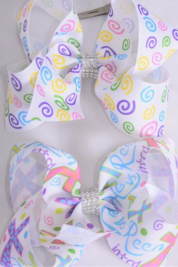 Hair Bow Jumbo Jesus Loves Me Cross Spiral Mix Grosgrain Bow-tie / 12 pcs Bow = Dozen Jesus , Alligator Clip , Size- 6" x 5" Wide , 6 Of Each Pattern Asst , Clip Strip and UPC Code