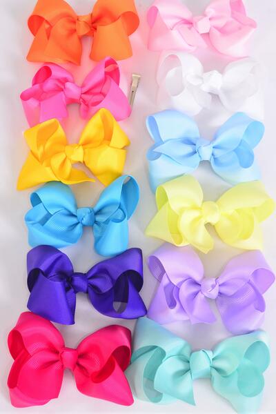 Hair Bow Large Rainbow Grosgrain Bow-tie / 12 pcs Bow = Dozen  Rainbow Color Asst , Alligator Clip , Size - 4" x 3", 12 Color Pre Asst , Clip Strip & UPC Code
