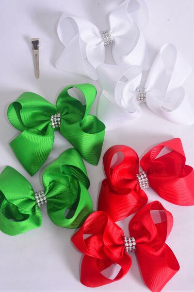 Hair Bow 24 pcs Center Clear Stones XMAS Grosgrain Bow-tie / 24 pcs Bow = Dozen  Christmas , Alligator Clip , Size - 4" x 3" Wide , 4 of each Color Asst , Clip Strip & UPC Code