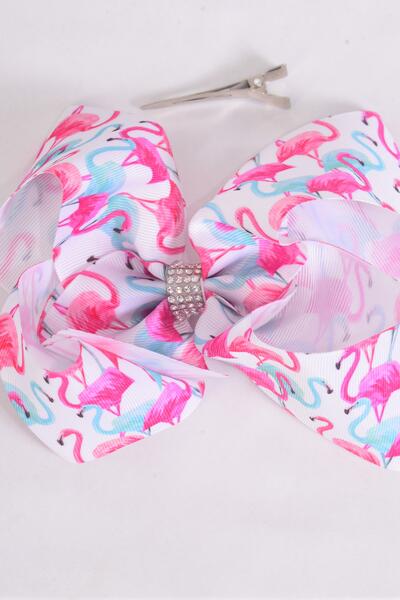 Hair Bow Flamingo Grosgrain Bow-tie / 12 pcs Bow = Dozen Flamingo , Alligator Clip , Size - 4" x 3" Wide , Clip Strip & UPC Code