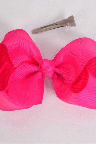 Hair Bow Large Fuchsia Alligator Grosgrain Bow-tie / 12 pcs Bow = Dozen Fuchsia , Alligator Clip , Size - 4" x 3" Wide , Clip Strip & UPC Code