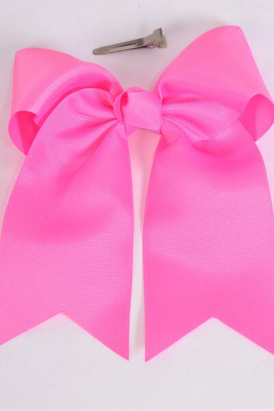 Hair Bow Extra Jumbo Long Tail Cheer Type Bow Hot Pink Grosgrain Bow-tie / 12 pcs Bow = Dozen Hot Pink , Alligator Clip , Size - 6.5" x 6", Clip Strip & UPC Code