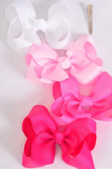 Hair Bow Large Pink Mix Grosgrain Bow-tie / 12 pcs Bow = Dozen Pink Mix , Alligator Clip , Size - 4" x 3" Wide , 3 Baby Pink , 3 Hot Pink , 3 Fuchsia , 3 White Color Asst ,Clip Strip & UPC Code