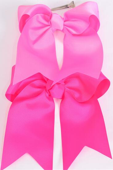Hair Bow Extra Jumbo Long Tail Cheer Type Bow Hot Pink Fuchsia Color Mix Grosgrain Bow-tie / 12 pcs = Dozen Alligator Clip , Size - 6.5" x 6" Wide , 6 Hot Pink , 6  Fuchsia Mix , Clip Strip & UPC Code