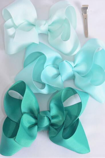 Hair Bow Large Mint Green Aqua Caribbean Green  Mix Grosgrain Bow-tie / 12 pcs Bow = Dozen Alligator Clip , Size - 4" x 3" Wide , 4 Mint Green , 4 Aqua , 4 Caribbean Green Mix , Clip Strip & UPC Code