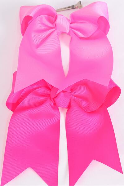 Hair Bow Extra Jumbo Long Tail Cheer Type Bow Hot Pink Fuchsia Color Mix Grosgrain Bow-tie / 12 pcs = Dozen Alligator Clip , Size - 6.5" x 6" Wide , 6 Hot Pink , 6  Fuchsia Mix , Clip Strip & UPC Code