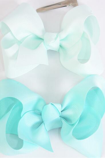Hair Bow Large Mint Green Aqua Mix Grosgrain Bow-tie / 12 pcs Bow = Dozen Alligator Clip , Size - 4" x 3" Wide , 6 Mint Green , 6 Aqua Color Asst , Clip Strip & UPC Code