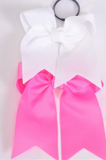 Hair Bow Extra Jumbo Long Tail Cheer Type Bow Elastic Hot Pink White Color Mix Grosgrain Bow-tie / 12 pcs Bow = Dozen Elastic , Size - 6.5" x 6" , 6 Hot Pink , 6 White Color Asst , Clip Strip & UPC Code