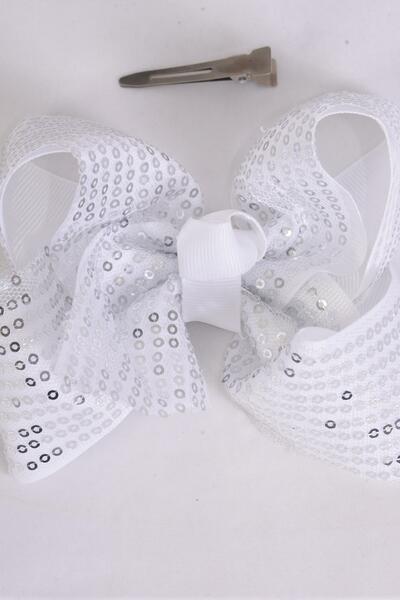 Hair Bow Jumbo Sequin Double Layered Grosgrain Bow-tie White / 12 pcs Bow = Dozen  White , Alligator Clip , Size - 6" x 5" Wide , Clip Strip & UPC Code