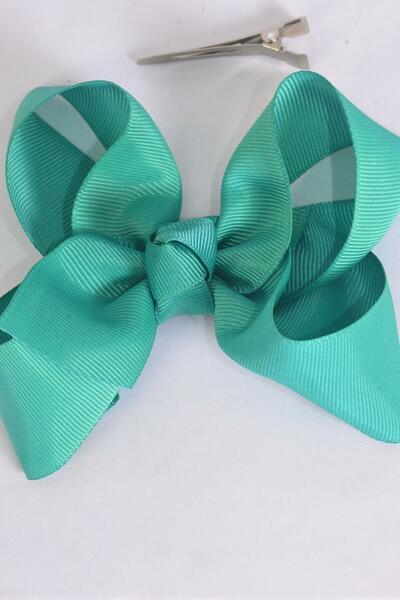 Hair Bow Large Caribbean Green Grosgrain Bow-tie /12 pcs Bow = Dozen Caribbean Green , Alligator Clip , Size - 4" x 3" Wide , Clip Strip & UPC Code