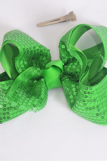Hair Bow Jumbo Sequin Double Layered Grosgrain Bow-tie Green / 12 pcs Bow = Dozen Green , Alligator Clip , Size - 6" x 5" Wide , Clip Strip & UPC Code