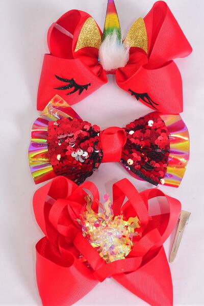 Hair Bow Jumbo Enchanted Christmas Sequin Unicorn Red Mix Grosgrain Bow-tie / 12 pcs Bow = Dozen Christmas , Bow Size - 6" x 5", Alligator Clip , 4 of each Pattern Asst , Clip Strip & UPC Code