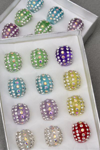 Rings Acrylic Dome Rhinestones / 12 pcs = Dozen Size - 7  8  9 Mix , Choose Colors , Velvet Ring Display Box & OPP Bag & UPC Code 