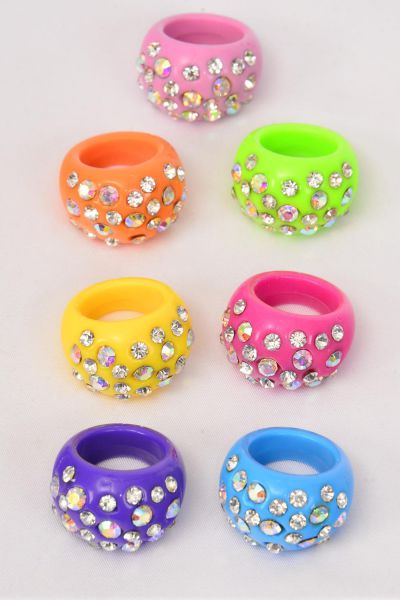 Rings Acrylic Dome Rhinestones / 12 pcs = Dozen Size - 7  8  9 Pr Size Mix , Choose Colors , Ring Display Box & OPP Bag & UPC Code