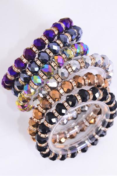 Bracelet Iridescent 10 mm Glass Crystal Stretch Dark Multi / 12 pcs = Dozen Stretch , Dark Multi , 2 of each Color Asst , Hang Tag and Opp Bag & UPC Code