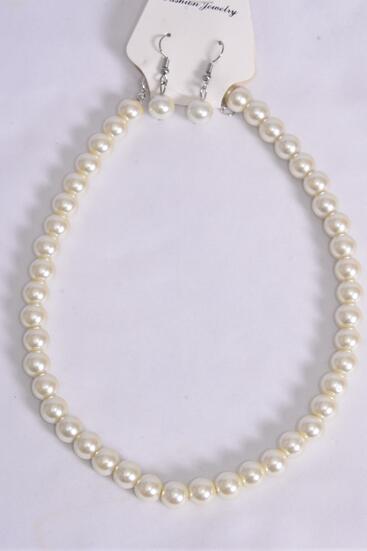 Necklace Sets 12 mm Glass Pearls Beige Cream / 12 pcs = Dozen Beige Cream , Size - 18" Extension Chain , Hang Tag & OPP Bag & UPC Code