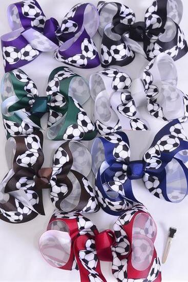 Hair Bow Jumbo Soccer Dark Multi Grosgrain Bow-tie / 12 pcs Bow = Dozen  Alligator Clip , Size - 6"x 5" Wide , 2 Black , 2 Brown , 2 Purple , 2 Burgundy , 2 Navy , 1 Hunter Green , 1 Gray Color Asst , Clip Strip & UPC Code.