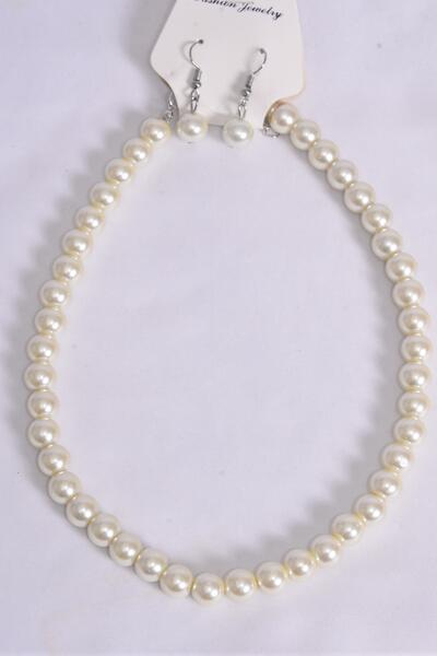 Necklace Sets 12 mm Glass Pearls Beige Cream / 12 pcs = Dozen Beige Cream , Size - 18" Extension Chain , Hang Tag & OPP Bag & UPC Code