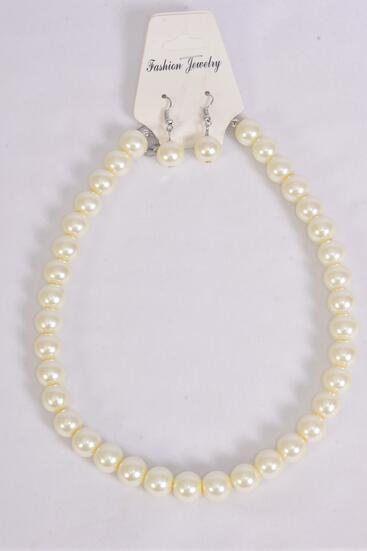 Necklace Sets 12 mm Glass Pearls Beige Cream / 12 pcs = Dozen Beige Cream , Size - 18" Extension Chain , Hang Tag & OPP Bag & UPC Code