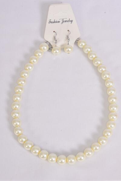 Necklace Sets 12 mm Glass Pearls Beige Cream / 12 pcs = Dozen Beige Cream , Size - 18" Extension Chain , Hang Tag & OPP Bag & UPC Code