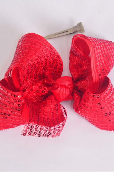 Hair Bow Jumbo Sequin Double Layered Grosgrain Bow-tie Red / 12 pcs Bow = Dozen Red , Alligator Clip , Size - 6" x 5" Wide , Clip Strip & UPC Code
