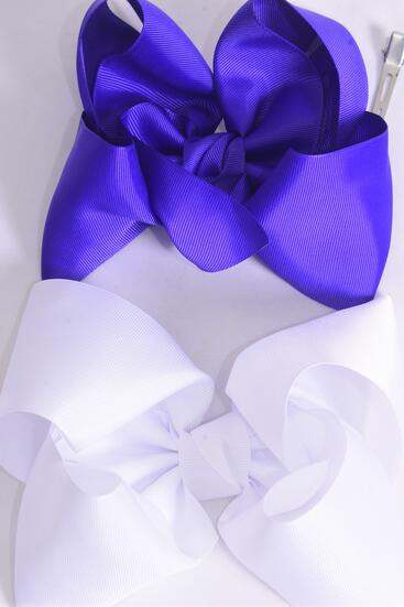 Hair Bow Extra Jumbo Cheer Type Bow Purple White Mix Grosgrain Bow-tie / 12 pcs Bow = Dozen Alligator Clip , Size - 8" x 7" Wide , 6 Purple , 6 White Color Asst , Clip Strip & UPC Code
