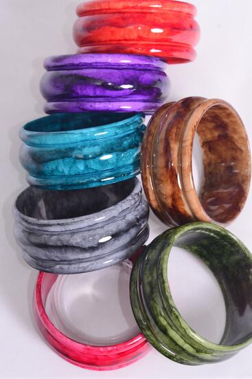 Bracelet Bangle Acrylic Marble Look Multi / 12 pcs = Dozen Multi , Size - 2.75" x 1.25" Dia Wide , 2 Gray , 2 Brown , 2 Purple , 2 Green , 2 Blue , 1 Red , 1 Orange Color Mix , Hang Tag & OPP Bag & UPC Code