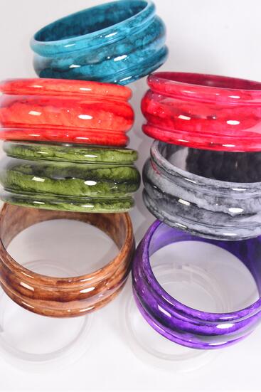 Bracelet Bangle Acrylic Marble Look Multi / 12 pcs = Dozen Multi , Size - 2.75" x 1.25" Dia Wide , 2 Gray , 2 Brown , 2 Purple , 2 Green , 2 Blue , 1 Red , 1 Orange Color Mix , Hang Tag & OPP Bag & UPC Code