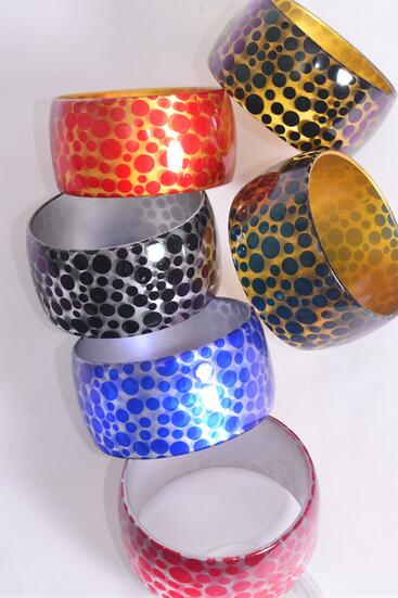 Bracelet Bangle Acrylic Wide Metallic Circle Dot Multi / 12 pcs = Dozen Multi , Size - 2.75" x 1.75" Dia Wide , 2 of each Color Asst , Hang Tag & OPP bag & UPC Code