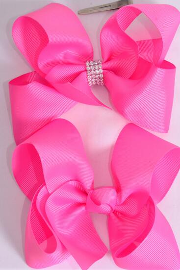 Hair Bow Jumbo Hot Pink Mix Grosgrain Bow-tie / 12 pcs Bow = Dozen Hot Pink Mix , Alligator Clip , Size - 6" x 5" Wide , 6 Of each Pattern Asst , Clip Strip & UPC Code