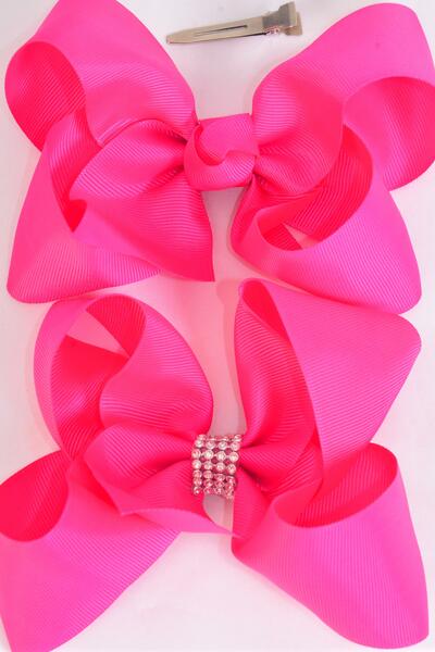 Hair Bow Jumbo Fuchsia Mix Grosgrain Bow-tie / 12 pcs Bow = Dozen  Fuchsia Mix , Size - 6" x 5" Wide , Alligator Clip , 6 Of each Pattern Asst , Clip Strip & UPC Code