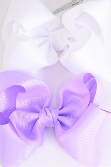 Hair Bow Extra Jumbo Cheer Type Bow Lavender White Mix Grosgrain Bow-tie / 12 pcs Bow = Dozen  Alligator Clip , Size - 8" x 7" Wide , 6 Lavender , 6 White Color Asst , Clip Strip & UPC Code
