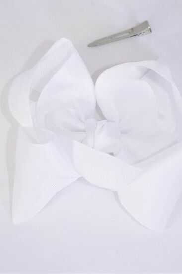Hair Bow Jumbo White Grosgrain Bow-tie / 12 pcs Bow = Dozen   White , Size - 6" x 5" Wide , Alligator Clip , Clip Strip & UPC Code