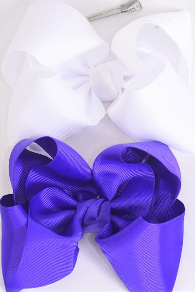 Hair Bow Extra Jumbo Cheer Type Bow Purple White Mix Grosgrain Bow-tie / 12 pcs Bow = Dozen Alligator Clip , Size - 8" x 7" Wide , 6 Purple , 6 White Color Asst , Clip Strip & UPC Code