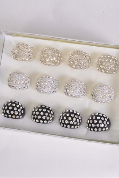 Rings Acrylic Dome Rhinestones / 12 pcs = Dozen Size - 7  8  9 pr Size Mix , Velvet Ring Display Box & OPP Bag & UPC Code , Choose Colors