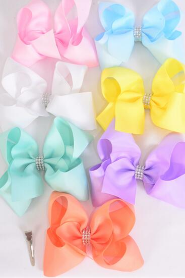 Hair Bow Jumbo Center Clear Stones Pastel Grosgrain Bow-tie / 12 pcs Bow = Dozen Alligator Clip , Size - 6" x 5" Wide , 2 White , 2 Baby Pink , 2 Blue , 2 Yellow , 2 Lavender , 1 Peach ,1 Mint Color Asst , Clip Strip & UPC Code