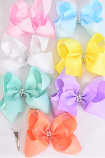 Hair Bow Jumbo Center Clear Stones Pastel Grosgrain Bow-tie / 12 pcs Bow = Dozen Alligator Clip , Size - 6" x 5" Wide , 2 White , 2 Baby Pink , 2 Blue , 2 Yellow , 2 Lavender , 1 Peach ,1 Mint Color Asst , Clip Strip & UPC Code