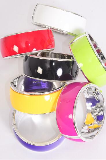 Bracelet Bangle Acrylic Hinge Enamel Silver Trim Multi / 12 pcs = Dozen Size - 2.75" x 1.25" Dia Wide , 2 Black , 2 Red , 2 White , 2 Purple , 2 Fuchsia , 1 Lime ,1 Yellow  Color Mix , Hang Tag & OPP bag & UPC code -