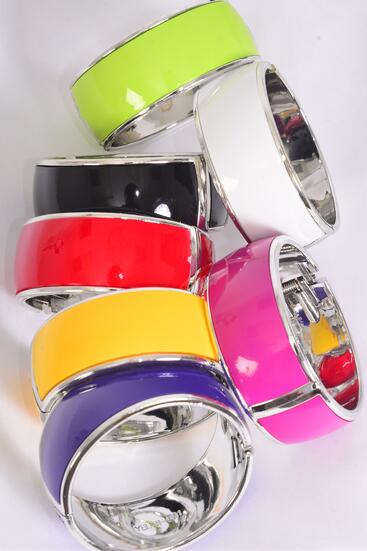 Bracelet Bangle Acrylic Hinge Enamel Silver Trim Multi / 12 pcs = Dozen Multi , Hinge , Size - 2.75" x 1.25" Dia Wide , 2 Black , 2 Red , 2 White , 2 Fuchsia , 2 Yellow , 1 Lime , 1 Purple Color Mix.