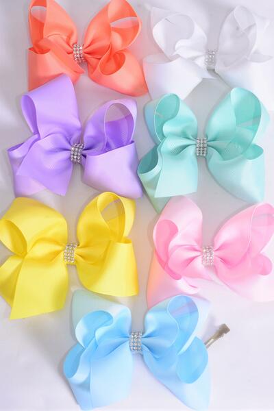 Hair Bow Jumbo Center Clear Stones Pastel Grosgrain Bow-tie / 12 pcs Bow = Dozen Alligator Clip , Size - 6" x 5" Wide , 2 White , 2 Baby Pink , 2 Blue , 2 Yellow , 2 Lavender , 1 Peach ,1 Mint Color Asst , Clip Strip & UPC Code