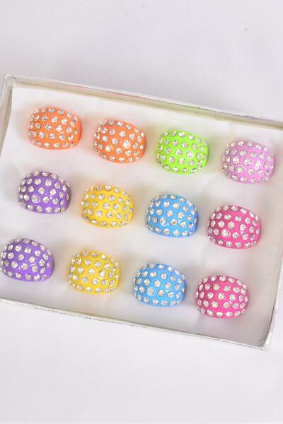 Rings Acrylic Dome Rhinestones / 12 pcs = Dozen Size - 7  8  9 pr Size Mix , Velvet Ring Display Box & OPP Bag & UPC Code , Choose Colors