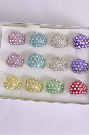 Rings Acrylic Dome Shape Rhinestones Pastel / 12 pcs = Dozen Pastel , Size - 7  8  9 Mix , 2 Pink , 2 Yellow , 2 Blue , 2 Clear , 2 Lime , 1 Lavender , 1 Fuchsia Color Mix .