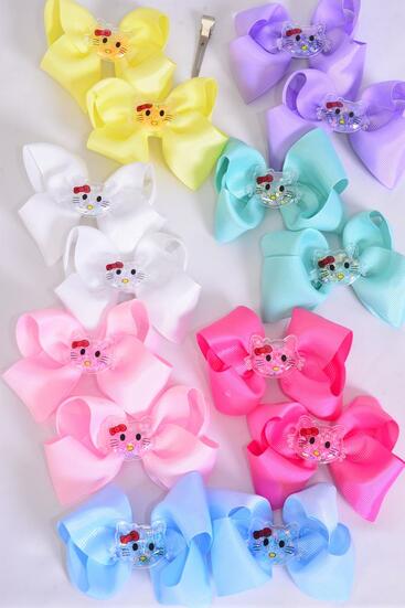Hair Bow 24 pcs Kitty Charm Pastel Grosgrain Bow-tie / 24 pcs Bow = Dozen  Alligator Clip , Size - 3.5" x 3" , 2 White , 2 Baby Pink , 2 Lavender , 2 Blue , 2 Yellow , 1 Hot Pink , 1 Mint Color Asst , Clip Strip & UPC Code