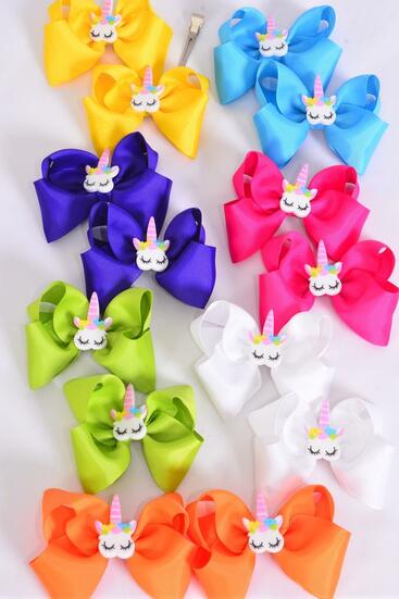 Hair Bow 24 pcs Center Unicorn Charm Grosgrain Bow-tie Citrus / 24 pcs = Dozen Citrus , Alligator Clip , Size - 3.5" x 3" Wide , 2 White ,2 Fuchsia ,2 Yellow ,2 Purple ,2 Blue ,1 Lime ,1 Orange Color Mix , Clip Strip & UPC Code